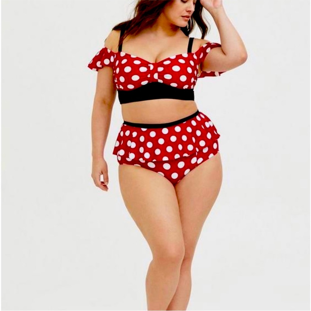 Disney Minnie Mouse Cold Shoulder Wireless Bikini Top & High Waist Bikini Bottom